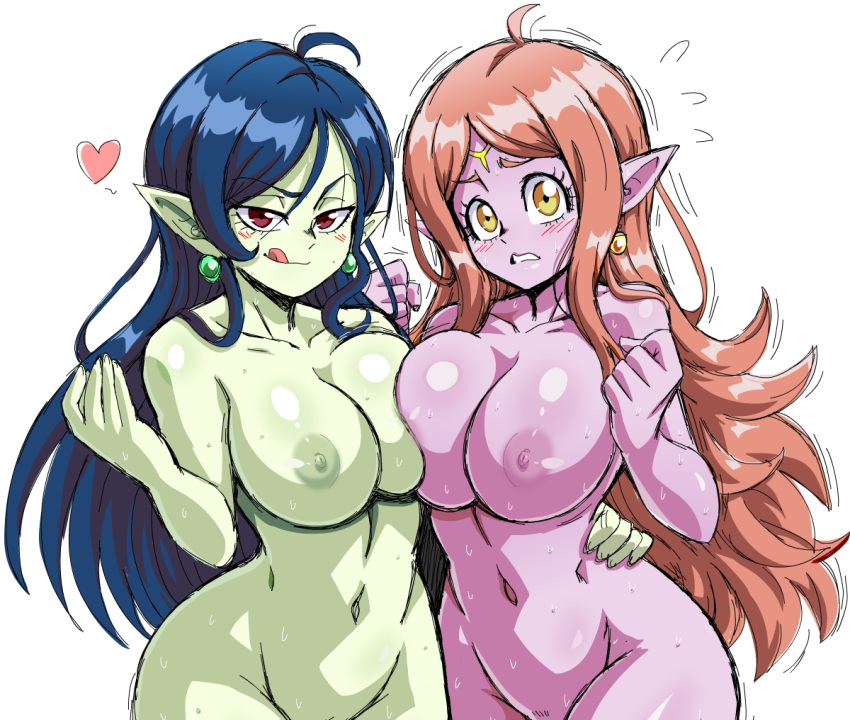 2girls blue_hair blush bocodamondo breast_press breasts chronoa commission commissioner_upload dragon_ball dragon_ball_heroes earrings green_nipples green_skin hand_on_hip jewelry large_breasts light_brown_hair long_hair looking_at_viewer multiple_girls nipples no_bra no_panties pink_skin pointy_ears red_eyes robelu smile thick_thighs thighs tongue tongue_out yellow_eyes