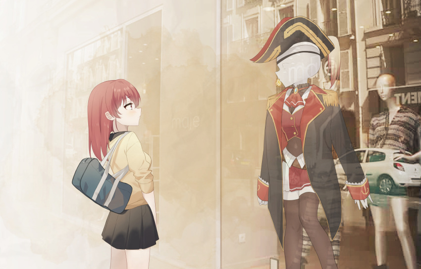 1girl absurdres ascot bag black_jacket black_skirt blush breasts brooch commentary_request display_case eyebrows_visible_through_hair eyepatch from_side hat highres hololive houshou_marine jacket jewelry looking_to_the_side mannequin medium_hair pirate_hat red_eyes red_hair red_neckwear shirt skirt standing syhan virtual_youtuber yellow_shirt