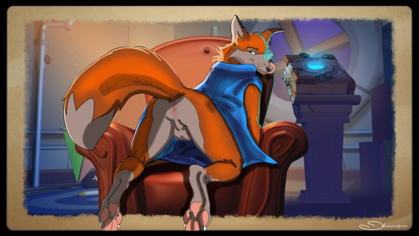 anthro anus balls blue_clothing bottomless butt canid canine claws clothed clothing fox fur genitals hi_res holidaypup male mammal orange_body orange_ears orange_fur orange_tail pawpads solo toe_claws tongue tongue_out