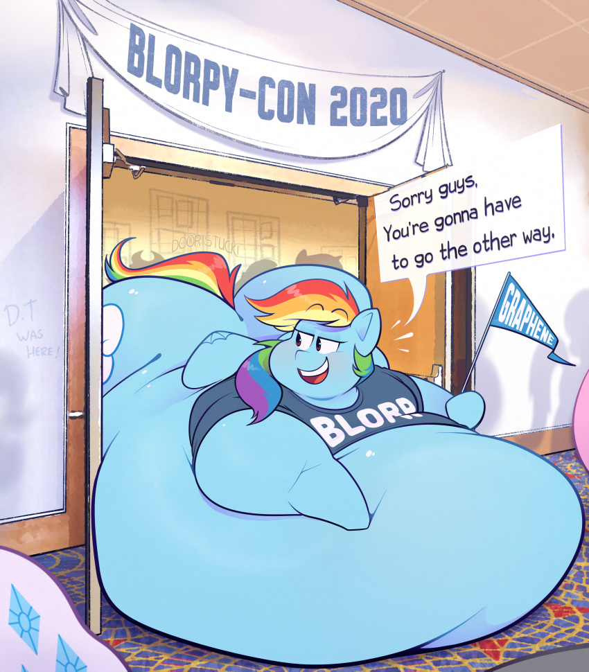 absurd_res belly big_belly big_butt blorp butt clothing cutie_mark english_text equid equine female feral flag friendship_is_magic graffiti hi_res hyper hyper_belly mammal morbidly_obese morbidly_obese_female my_little_pony obese obese_female overweight overweight_female rainbow_dash_(mlp) rarity_(mlp) ridiculouscake shirt solo stuck t-shirt text through_wall topwear