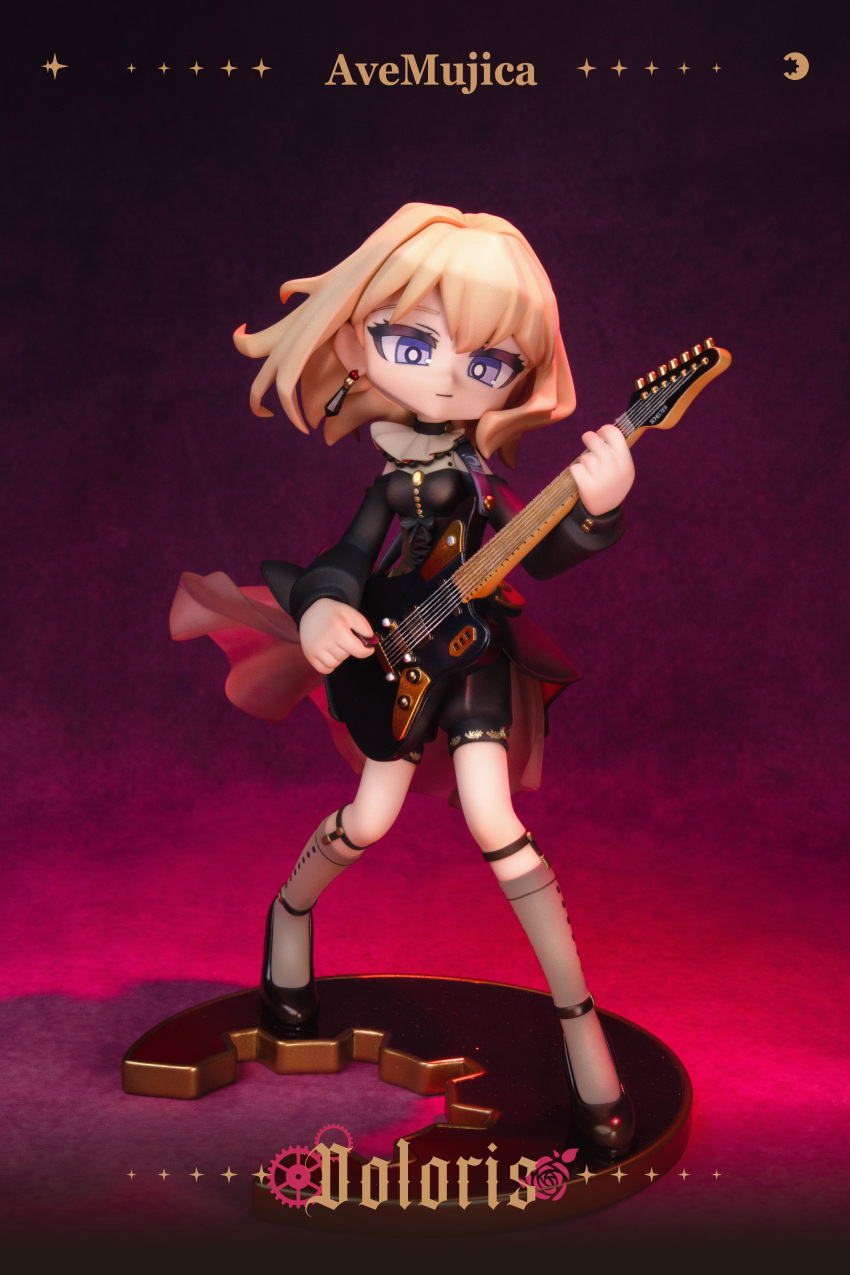 1girl :| absurdres artist_collaboration bang_dream! bang_dream!_it's_mygo!!!!! black_corset black_ribbon black_shoes black_shorts blonde_hair breasts bright_pupils brooch buttoned_cuffs buttons character_name closed_mouth clothing_cutout commentary_request copyright_name corset crescent deformed doloris_(bang_dream!) earrings electric_guitar expressionless figure_(medium) figure_stage floating_hair full_body gears gradient_background grey_socks guitar guitar_strap heel_up highres holding holding_guitar holding_instrument holding_plectrum hzzz instrument jewelry kneehighs legs_apart legwear_garter long_sleeves looking_at_viewer mary_janes medium_breasts medium_hair misumi_uika music neck_ruff photo_(medium) playing_guitar playing_instrument plectrum purple_eyes red_background ribbon rikka33 schecter_guitar shin_strap shoes shorts shoulder_cutout sleeve_cuffs socks solo standing underbust white_pupils wonder_festival