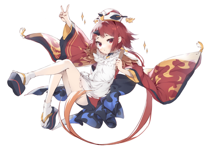 1girl apron bangs benienma_(fate/grand_order) bird_hat blush breasts brown_headwear fate/grand_order fate_(series) feather_trim flame_print highres holding holding_spoon japanese_clothes kimono legs long_hair long_sleeves looking_at_viewer low_ponytail parted_bangs platform_footwear red_hair red_kimono rice_spoon sanze_(gokiburi_kirai) sash simple_background small_breasts socks sparkle spoon v very_long_hair white_apron white_background wide_sleeves wooden_spoon