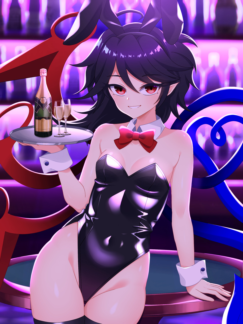 1girl absurdres ahoge alcohol animal_ear_hairband animal_ears asymmetrical_wings black_hair black_leotard black_thighhighs blue_wings bow bowtie breasts champagne champagne_flute cipher_(user_watm8555) cleavage commentary_request covered_navel cup detached_collar drinking_glass fake_animal_ears grin hairband highleg highleg_leotard highres holding holding_tray houjuu_nue leotard medium_hair playboy_bunny pointy_ears rabbit_ear_hairband rabbit_ears rabbit_tail red_bow red_bowtie red_eyes red_wings small_breasts smile solo strapless strapless_leotard table tail thighhighs touhou tray white_wrist_cuffs wings wrist_cuffs