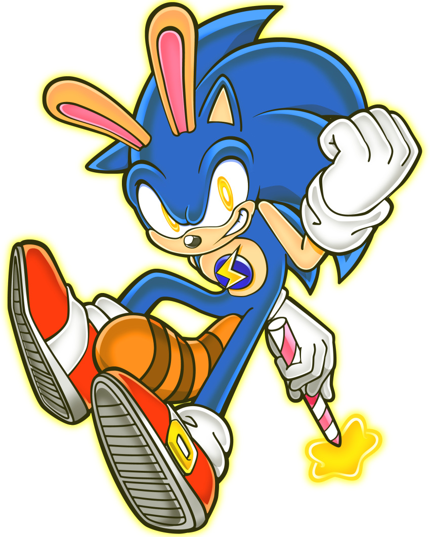 2015 4:5 absurd_res alpha_channel alternate_eye_color antena27 anthro badge blue_body blue_fur brown_tail bunny_hood clothing eulipotyphlan fake_ears fake_rabbit_ears fist footwear fur gloves grin handwear hedgehog hi_res holding_object male mammal nintendo on_model shoes smile solo sonic_the_hedgehog sonic_the_hedgehog_(series) star_wand striped_tail stripes super_smash_bros. video_games yellow_eyes
