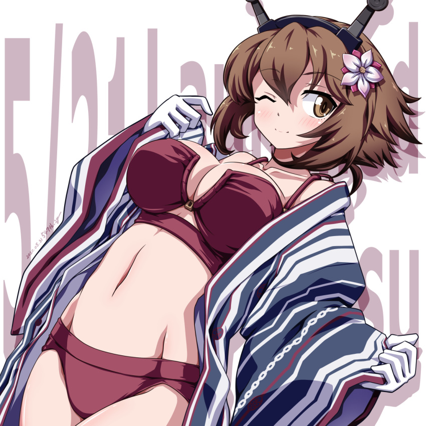 1girl 547th_sy background_text bangs bikini blush breasts brown_eyes brown_hair cleavage dated eyebrows_visible_through_hair flower gloves headgear highres kantai_collection large_breasts long_sleeves mutsu_(kantai_collection) off_shoulder one_eye_closed red_bikini simple_background smile solo swimsuit twitter_username white_gloves