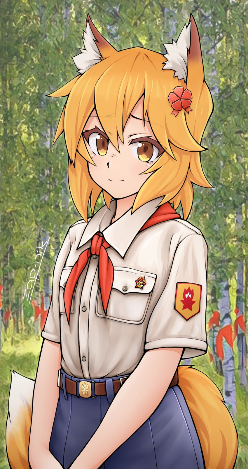 1girl animal_ear_fluff animal_ears artist_name belt blonde_hair blue_skirt crossover everlasting_summer eyebrows_visible_through_hair flower forest fox_ears fox_girl fox_tail hair_flower hair_ornament highres looking_at_viewer nature pioneer pioneer_tie senko_(sewayaki_kitsune_no_senko-san) sewayaki_kitsune_no_senko-san shirt short_hair short_sleeves skirt smile solo standing tail white_shirt yellow_eyes zap-nik