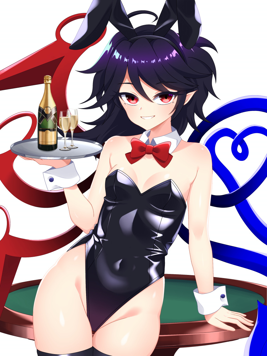 1girl absurdres ahoge alcohol animal_ear_hairband animal_ears asymmetrical_wings black_hair black_leotard black_thighhighs blue_wings bow bowtie breasts champagne champagne_flute cipher_(user_watm8555) cleavage commentary_request covered_navel cup detached_collar drinking_glass fake_animal_ears grin hairband highleg highleg_leotard highres holding holding_tray houjuu_nue leotard medium_hair playboy_bunny pointy_ears rabbit_ear_hairband rabbit_ears rabbit_tail red_bow red_bowtie red_eyes red_wings small_breasts smile solo strapless strapless_leotard table tail thighhighs touhou tray white_wrist_cuffs wings wrist_cuffs