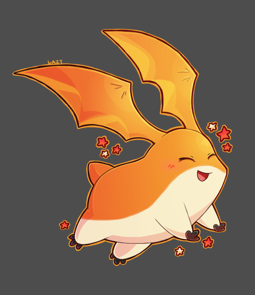 2016 ambiguous_gender bat_wings blush digimon digimon_(species) eyes_closed feral grey_background head_wings hi_res lazyninjartist membrane_(anatomy) membranous_wings open_mouth orange_body patamon simple_background star toes wings