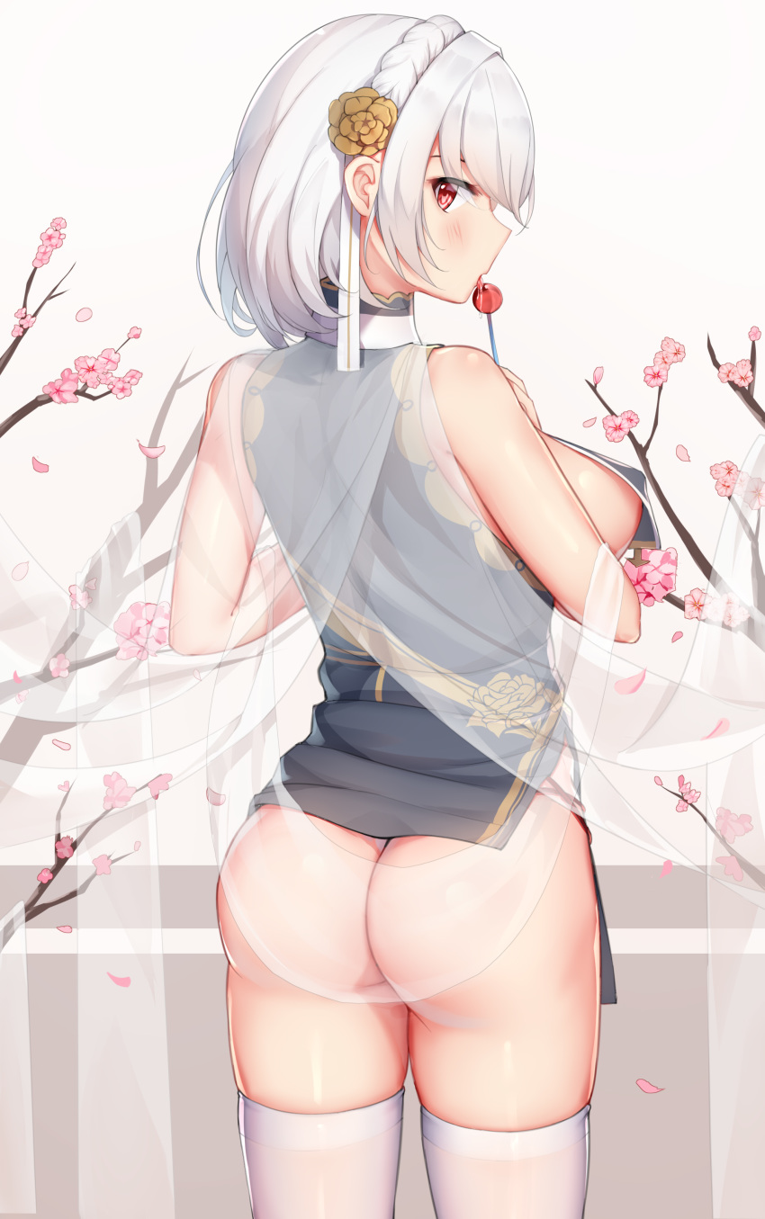1girl absurdres ass azur_lane bangs blush braid breast_curtains breasts candy china_dress chinese_clothes commentary_request covered_nipples dress food from_behind gei_daipf hair_between_eyes hair_ornament highres holding holding_food large_breasts licking lollipop looking_at_viewer looking_back petals red_eyes revealing_clothes revision see-through short_hair sideboob sirius_(azur_lane) sirius_(azure_horizons)_(azur_lane) solo thighhighs thighs white_hair white_legwear