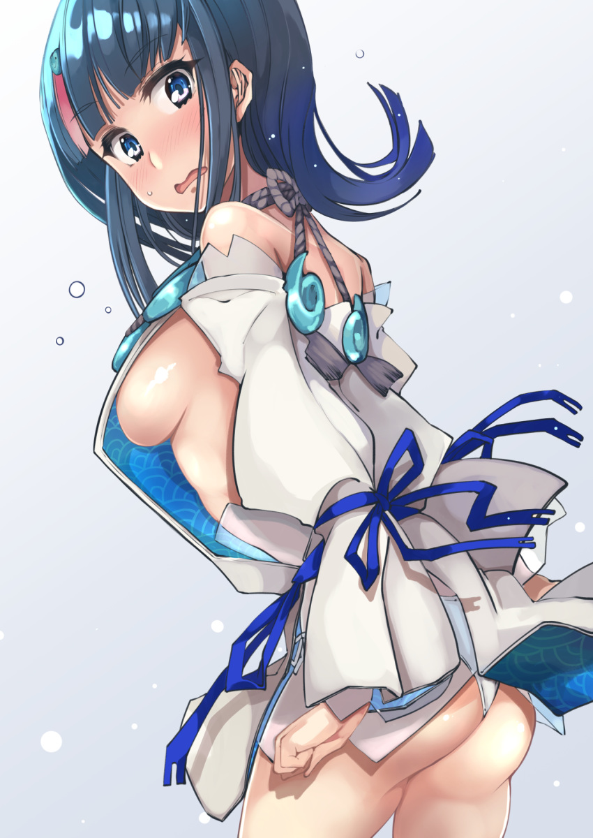 1girl ass back bangs bare_shoulders black_hair blue_eyes blue_ribbon blush breasts collarbone dress fate/grand_order fate/requiem fate_(series) fundoshi gradient gradient_background grimjin highres japanese_clothes large_breasts long_sleeves looking_at_viewer magatama magatama_hair_ornament medium_hair multicolored_hair open_mouth pelvic_curtain pink_hair puffy_long_sleeves puffy_sleeves ribbon short_dress sideboob sideless_outfit streaked_hair thighs utsumi_erise white_dress