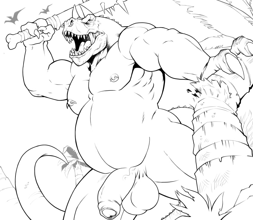 2020 abelisaurid absurd_res anthro badcoyote balls bat_(object) black_and_white carnotaurus claws digital_media_(artwork) dinosaur facial_piercing genitals glans hi_res holding_object holding_weapon horn humanoid_genitalia humanoid_penis male monochrome musclegut muscular muscular_male nailed_bat nipple_piercing nipples nose_piercing nude open_mouth outside palm_tree pecs penis piercing pterosaur reptile scalie sharp_teeth simple_background solo spikes teeth theropod tree uncut vein weapon white_background