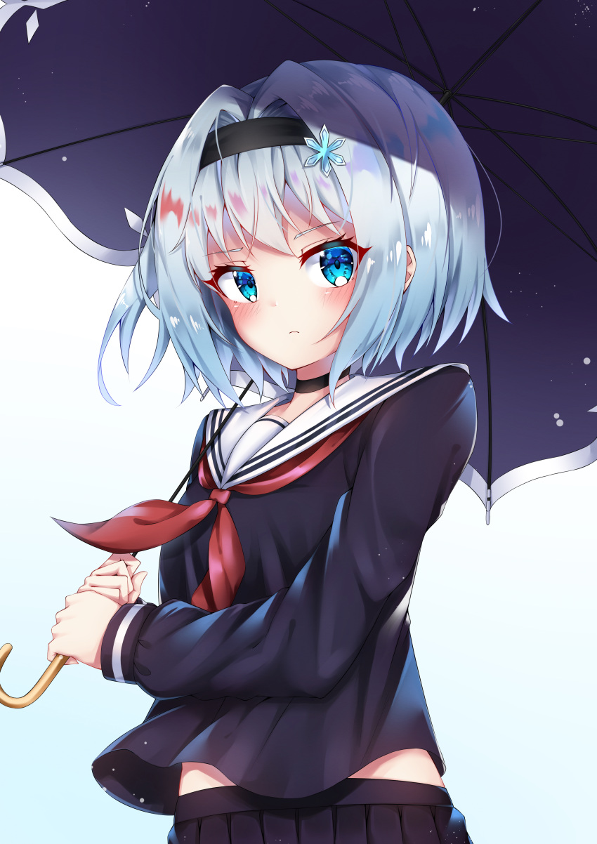 1girl absurdres bangs black_choker black_hairband black_skirt black_umbrella blue_eyes blush choker closed_mouth commentary_request eyebrows_visible_through_hair frown hair_between_eyes hair_ornament hairband highres long_sleeves looking_at_viewer niyu_n_iyun ryuuou_no_oshigoto! school_uniform serafuku short_hair silver_hair simple_background skirt snowflake_hair_ornament solo sora_ginko umbrella white_background