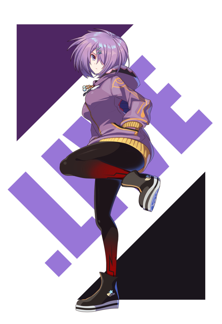 .live 1girl black_legwear full_body hair_ornament hairclip highres jacket kiso_azuki leg_up looking_at_viewer pantyhose purple_eyes purple_hair rune_(ru-nn) shoes short_hair solo standing standing_on_one_leg virtual_youtuber