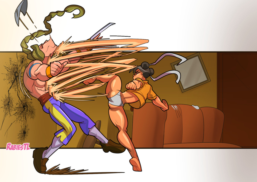 1boy 1girl apartment ass balrog barefoot battle chun-li claw_(weapon) double_bun hair_ribbon height_difference highres hyakuretsukyaku in_the_face indoors kicking mask mask_removed muscle no_pants panties plantar_flexion rabies-t-lagomorph ribbon shirt shirtless soles standing standing_on_one_leg street_fighter street_fighter_ii_(series) t-shirt thick_thighs thighs toes underwear weapon