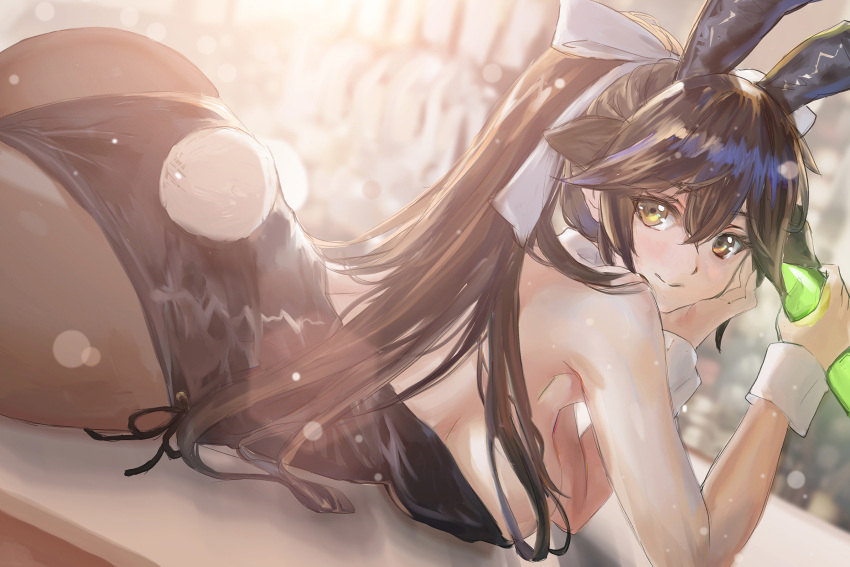 1girl alternate_costume animal_ears ass azur_lane bare_shoulders black_hair blush bottle bow breasts brown_eyes bunny_ears bunny_girl bunny_tail bunnysuit commentary_request detached_collar eyebrows_visible_through_hair fake_animal_ears hair_bow hair_flaps hair_ornament highres holding holding_bottle large_breasts leotard long_hair looking_at_viewer lying on_stomach pantyhose ponytail revision ribbon rosie99 smile solo tail takao_(azur_lane) very_long_hair white_bow wrist_cuffs
