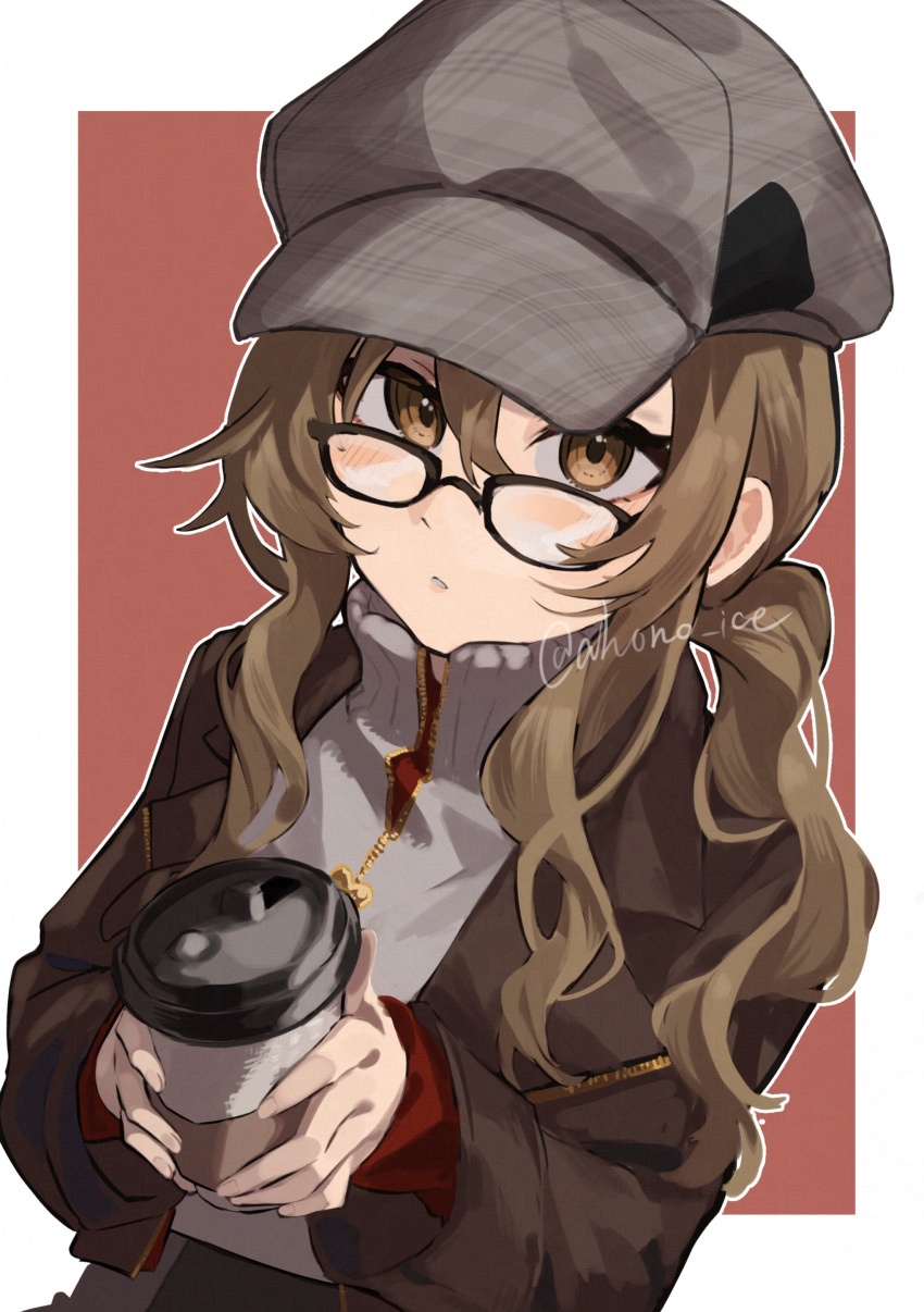 1girl absurdres aisu_(ahono_ice) black-framed_eyewear border brown_eyes brown_hair brown_jacket cup disposable_coffee_cup disposable_cup glasses grey_hat grey_sweater hands_up hashtag-only_commentary hat highres holding holding_cup jacket long_hair looking_at_viewer low_ponytail melania_(reverse:1999) newsboy_cap outside_border parted_lips ponytail red_background reverse:1999 solo sweater turtleneck turtleneck_sweater upper_body white_border