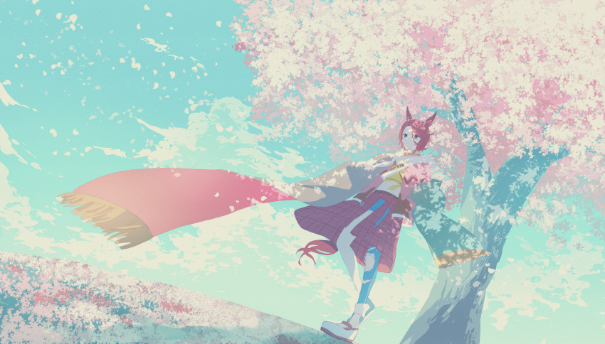 1girl absurdres animal_ears asymmetrical_clothes asymmetrical_pants blue_eyes blue_sky brown_hair cherry_blossoms closed_mouth clothes_around_waist cloud commentary_request denim fur-trimmed_jacket fur_trim hair_between_eyes highres horse_ears horse_girl horse_tail jacket jacket_around_waist jeans long_sleeves midriff mukai_saki narita_taishin_(nevertheless)_(umamusume) narita_taishin_(umamusume) outdoors pants petals pink_jacket shirt short_hair single_pantsleg sky solo tail tank_top tied_shirt torn_clothes torn_jeans torn_pants tree umamusume yellow_shirt yellow_tank_top