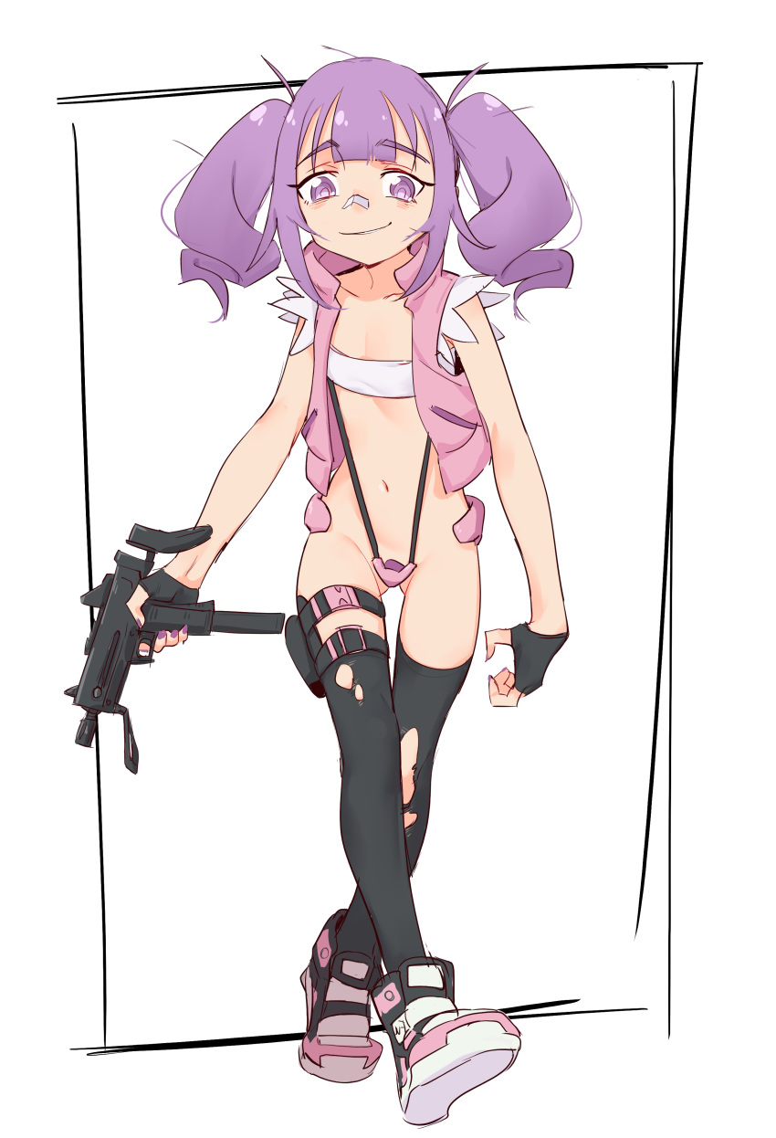 1girl absurdres bandaid bandaid_on_nose bandeau black_legwear copyright_request drill_hair eds eyebrows_visible_through_hair fingerless_gloves flat_chest full_body gloves gun highres holding holding_gun holding_weapon imi_uzi jacket messy_hair navel purple_eyes purple_hair slingshot_swimsuit solo submachine_gun swimsuit thighhighs torn_clothes torn_legwear twin_drills weapon white_background