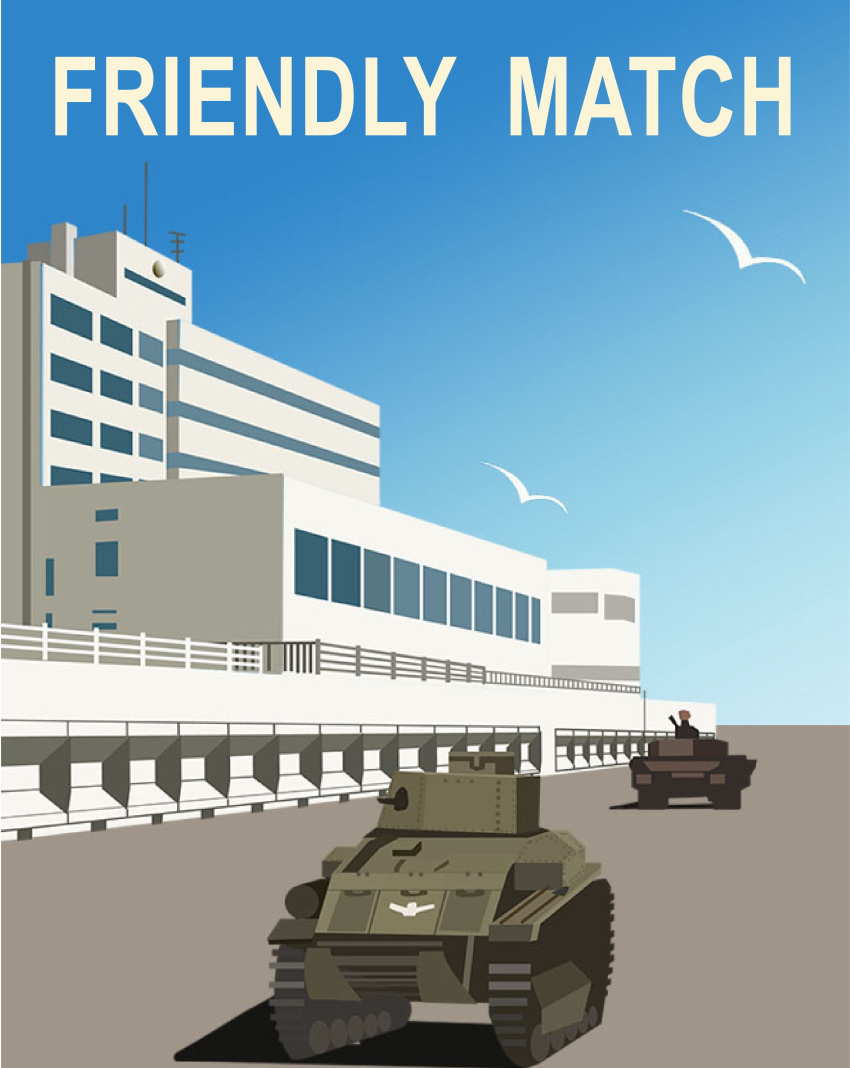 absurdres bird building caterpillar_tracks english_text girls_und_panzer ground_vehicle highres military military_vehicle minimalism motor_vehicle no_humans outdoors panzerkampfwagen_iv poster qian road sky tank type_89_i-gou window