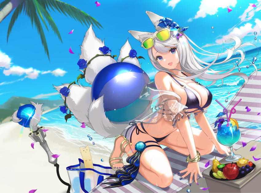 1girl :d animal_ear_fluff animal_ears apple bag ball bangle bare_shoulders beach beachball bikini black_bikini blue_eyes blue_hawaii bracelet breasts chair cleavage cloud day drinking_straw dutch_angle eyewear_on_head flower food fox_ears fox_tail fruit grapes hair_flower hair_ornament highres hurricane_glass jewelry kitsune large_breasts long_hair looking_at_viewer lounge_chair mango multi-strapped_bikini multiple_tails nail_polish nanam_(nanam_sk) navel o-ring o-ring_bikini ocean off_shoulder open_clothes open_mouth original outdoors palm_tree petals rose sandals see-through side-tie_bikini silver_hair sky smile solo staff stomach strap_gap sunglasses sunlight swimsuit tail thigh_strap thighs toenail_polish tree tropical_drink water wet