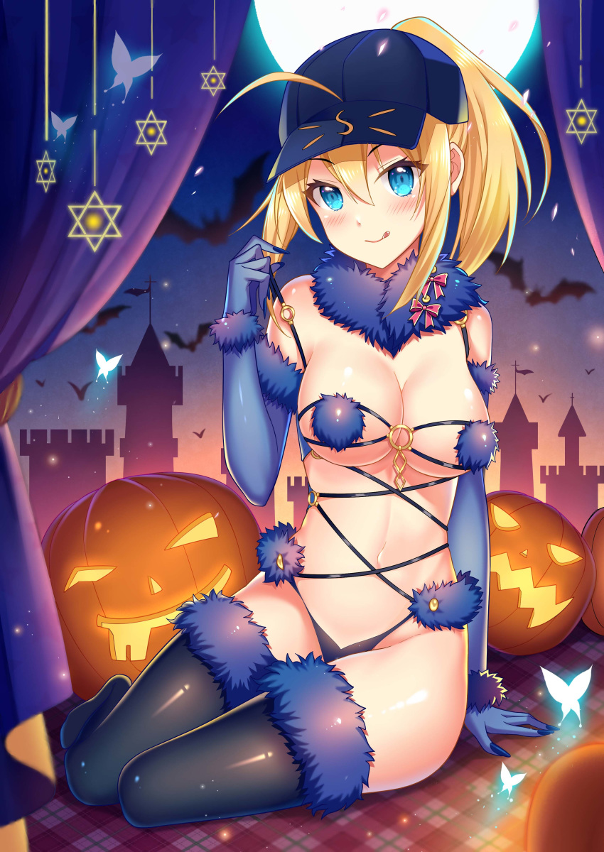 1girl :q absurdres ahoge arm_support artoria_pendragon_(all) bare_shoulders baseball_cap bat black_legwear blonde_hair blue_eyes breasts bug butterfly cleavage closed_mouth cosplay curtains dangerous_beast elbow_gloves fate/grand_order fate_(series) full_moon fur_collar gloves hair_through_headwear hat heishan hexagram highleg highres insect jack-o'-lantern large_breasts long_hair looking_at_viewer mash_kyrielight mash_kyrielight_(cosplay) moon mysterious_heroine_x navel plaid ponytail revealing_clothes rojiura_satsuki:_chapter_heroine_sanctuary sidelocks sitting smile solo stomach strap_pull thighhighs thighs tongue tongue_out
