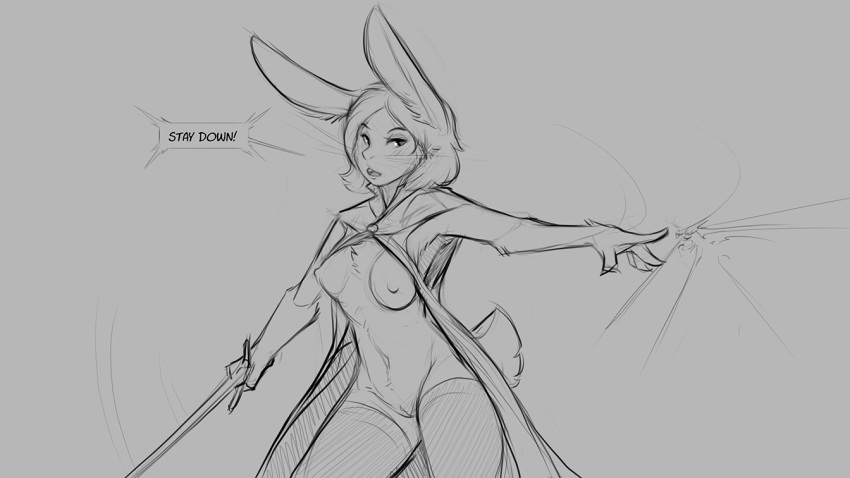 16:9 2020 anthro breasts cape clothing dialogue english_text female fur genitals grey_background hair holding_object holding_sword holding_weapon lagomorph leporid magic mammal melee_weapon monochrome nipples nude pussy rabbit simple_background solo sword text watsup weapon widescreen