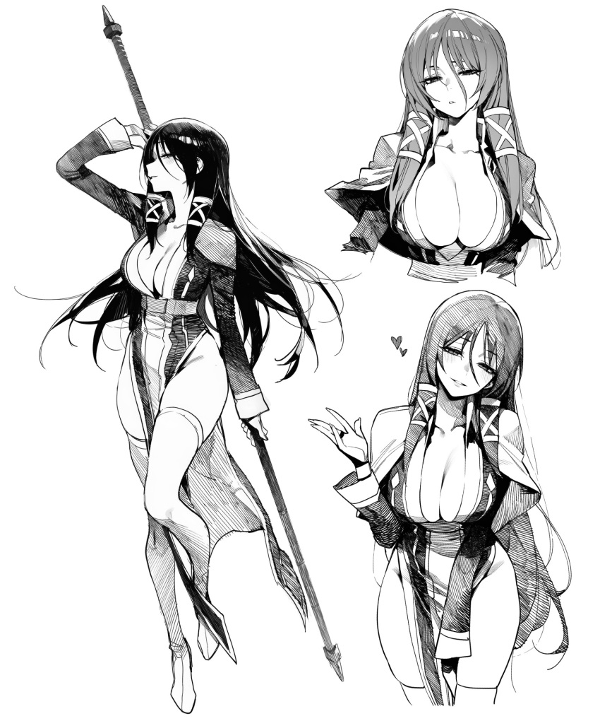 1girl ai-generated black_hair breasts cleavage commentary_request drowsy_sheep empty_eyes fasalina greyscale gunxsword hair_ornament highres large_breasts long_hair looking_at_viewer monochrome open_mouth solo staff thighhighs very_long_hair white_background white_thighhighs