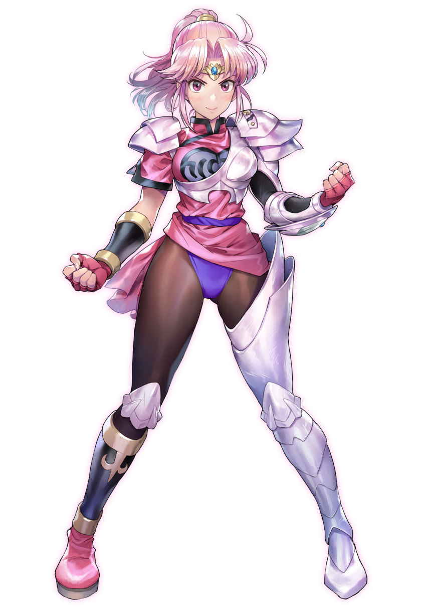 &gt;:) 1girl armor black_legwear character_request circlet clenched_hands commentary_request dragon_quest dragon_quest_dai_no_daibouken fingerless_gloves full_body gloves greaves highres knee_guards long_hair looking_at_viewer maam matsuda_(matsukichi) pantyhose pauldrons pink_footwear pink_gloves pink_hair purple_eyes shoes simple_background solo standing v-shaped_eyebrows white_background
