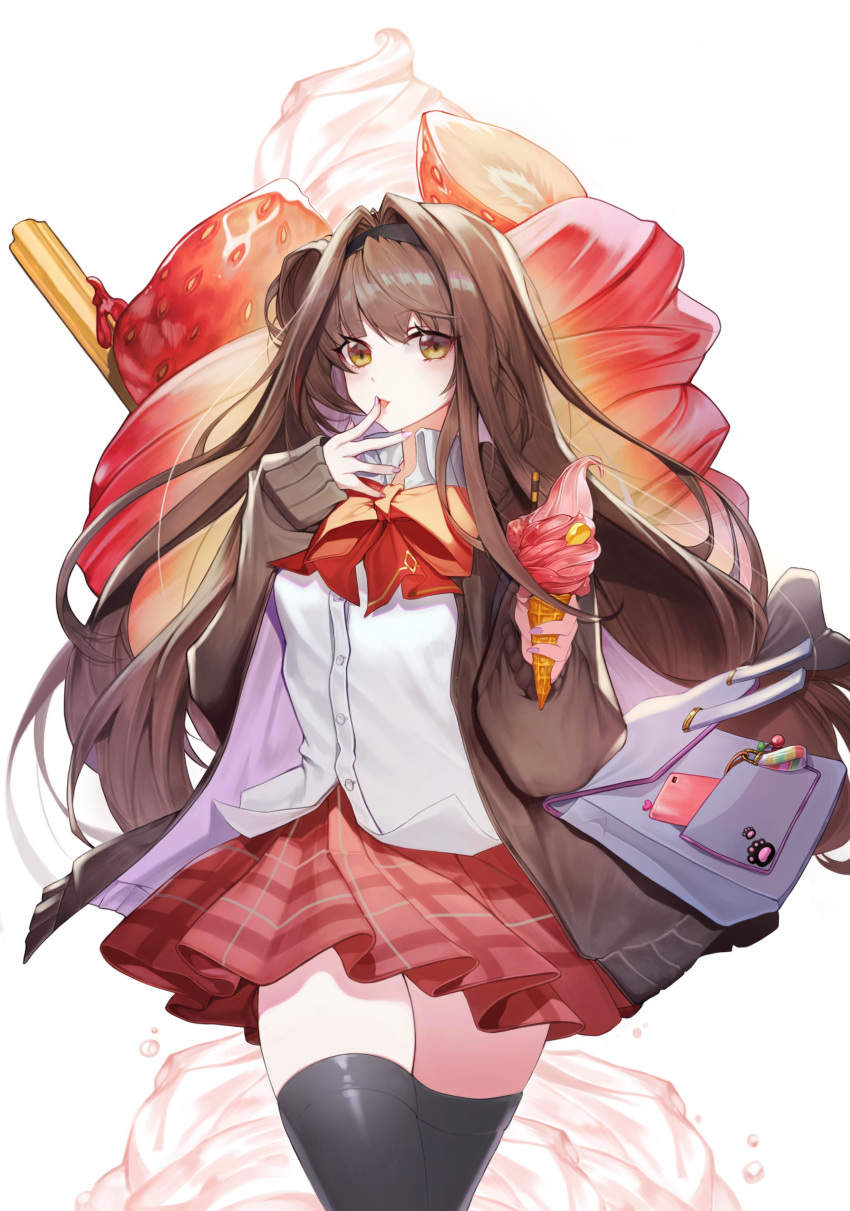 1girl absurdres bag bangs black_bow black_legwear bow bowtie brown_cardigan brown_eyes brown_hair cardigan cellphone character_request chicken_(dalg-idalg) collared_shirt cowboy_shot crepe dress_shirt duffel_bag finger_licking food forever_7th_capital fruit hair_bow highres holding holding_food ice_cream ice_cream_cone licking long_hair long_sleeves looking_at_viewer miniskirt nail_polish open_cardigan open_clothes parted_lips paw_print phone plaid plaid_skirt pleated_skirt purple_nails red_bow red_neckwear red_skirt shirt shoulder_bag side_bun skirt soft_serve solo strawberry thighhighs untucked_shirt very_long_hair white_background white_shirt zettai_ryouiki
