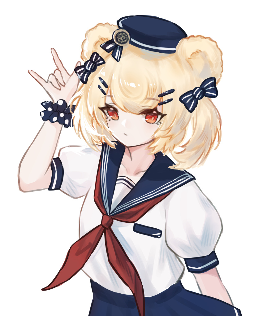 1girl \m/ absurdres alternate_costume animal_ears arknights bear_ears blonde_hair blue_bow blue_headwear blue_sailor_collar blue_scrunchie blue_skirt bow expressionless gummy_(arknights) hair_bow hair_ornament hairclip hand_up hat highres neckerchief orange_eyes polka_dot polka_dot_scrunchie puffy_short_sleeves puffy_sleeves red_neckwear riinougat sailor_collar sailor_hat school_uniform scrunchie serafuku shirt short_sleeves sidelocks simple_background skirt solo two_side_up white_background white_shirt wrist_scrunchie