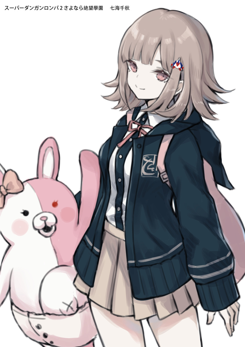 1girl backpack bag bangs beige_skirt blue_jacket buttons commentary cowboy_shot danganronpa flipped_hair hair_ornament highres hood hood_down hooded_jacket jacket medium_hair monomi_(danganronpa) nanami_chiaki neck_ribbon open_clothes open_jacket pink_bag pink_eyes pink_hair pink_ribbon pleated_skirt ribbon riinougat shirt sidelocks simple_background skirt smile stuffed_animal stuffed_bunny stuffed_toy super_danganronpa_2 white_background white_shirt