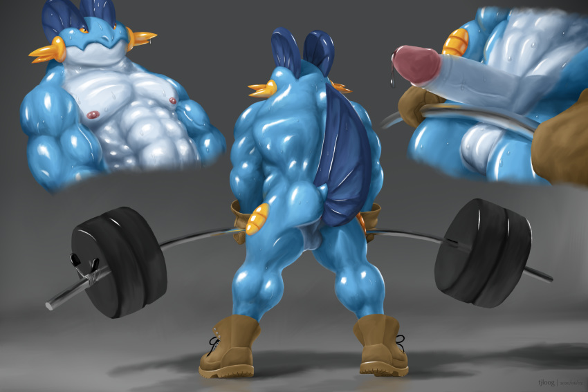 3:2 abs absurd_res anthro backsack balls barbell biceps bodily_fluids boots boots_only clothing dino_(tjloog) erection exercise footwear footwear_only genital_fluids genitals gloves grey_background handwear hi_res humanoid humanoid_genitalia humanoid_penis leather male mostly_nude multiple_angles muscular nintendo nipples pecs penis pok&eacute;mon pok&eacute;mon_(species) pok&eacute;morph precum shiny_(disambiguation) shoes shoes_only simple_background solo story story_in_description swampert sweat tjloog vein video_games weightlifting weights wide_stance workout