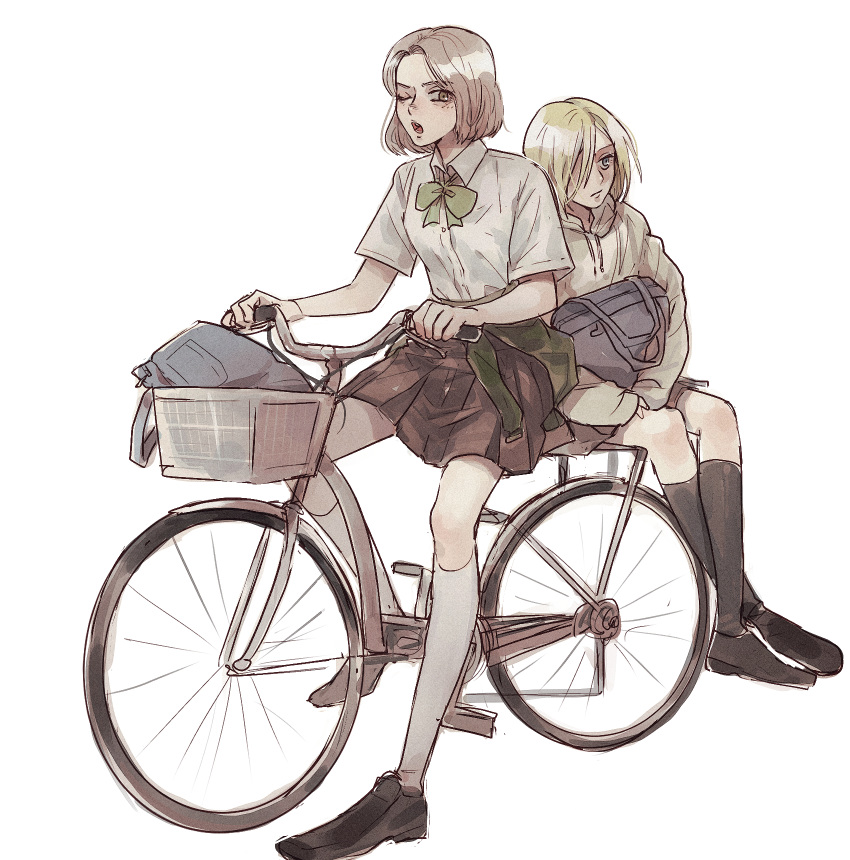 2girls alternate_costume alternate_hairstyle annie_leonhardt backpack bag bicycle blonde_hair blue_eyes bow bowtie brown_hair contemporary ground_vehicle hair_over_one_eye highres hitch_dreyse hood hoodie multiple_girls one_eye_closed parody pi0w0pi school_uniform shingeki_no_kyojin short_hair simple_background skirt uniform yellow_eyes younger yuri