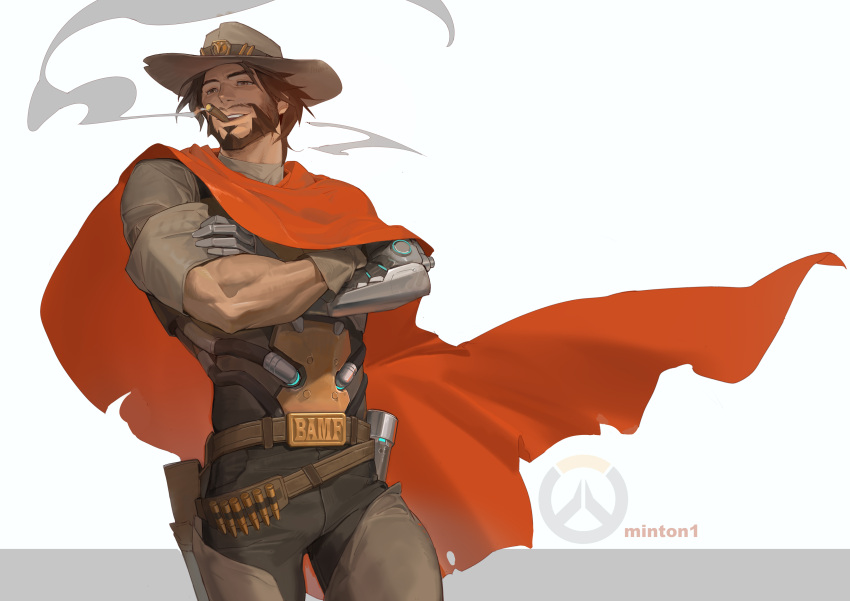1boy absurdres belt belt_buckle black_pants brown_belt brown_eyes brown_hair buckle cape cassidy_(overwatch) cigar commentary_request cowboy cowboy_hat cowboy_shot crossed_arms facial_hair gloves grey_hat grey_shirt grin hat highres holster male_focus minton1senci overwatch pants prosthesis prosthetic_arm red_cape shell_casing shirt short_hair smile smoke smoke_trail smoking solo thigh_holster