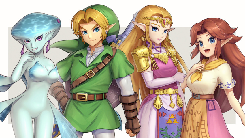 1boy 3girls :d belt blonde_hair blue_eyes breasts cowboy_shot dress earrings elbow_gloves gloves green_tunic jewelry large_breasts link long_hair looking_at_viewer malon master_sword medium_breasts multiple_girls neckerchief no_pussy older open_mouth princess_ruto princess_zelda purple_eyes red_hair short_sleeves smile the_legend_of_zelda the_legend_of_zelda:_ocarina_of_time triforce tunic