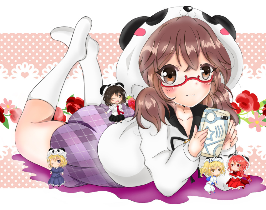 cellphone flower glasses highres kitashirakawa_chiyuri kuronon0509 maribel_hearn minigirl okazaki_yumemi panda_hat panda_hood phone smartphone star_(symbol) touhou twintails usami_renko usami_sumireko white_legwear