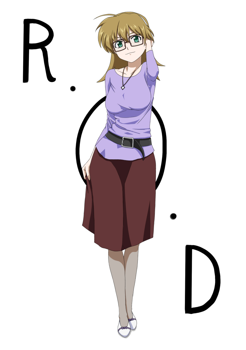1girl absurdres belt breasts brown_hair closed_mouth glasses green_eyes hairband highres jewelry long_hair looking_at_viewer necklace pantyhose r.o.d_the_tv read_or_die ribonzu simple_background skirt smile solo sumiregawa_nenene white_background