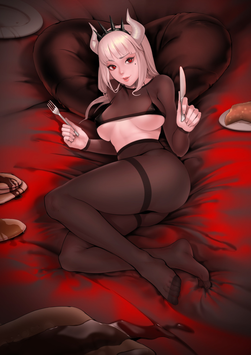 1girl absurdres barefoot black_bra black_legwear black_panties bra demon demon_girl demon_horns demon_kogure feet fork grey_skin hellcherr helltaker highres horns knife lucifer panties toes underwear