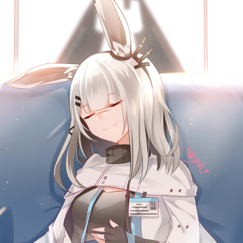 1girl alternate_costume animal_ears arknights bunny_ears chinese_commentary closed_eyes commentary_request couch eyebrows_visible_through_hair facial_scar fingerless_gloves frostnova_(arknights) gloves highres lanelise name_tag nose_scar rhodes_island_logo scar smile solo white_hair