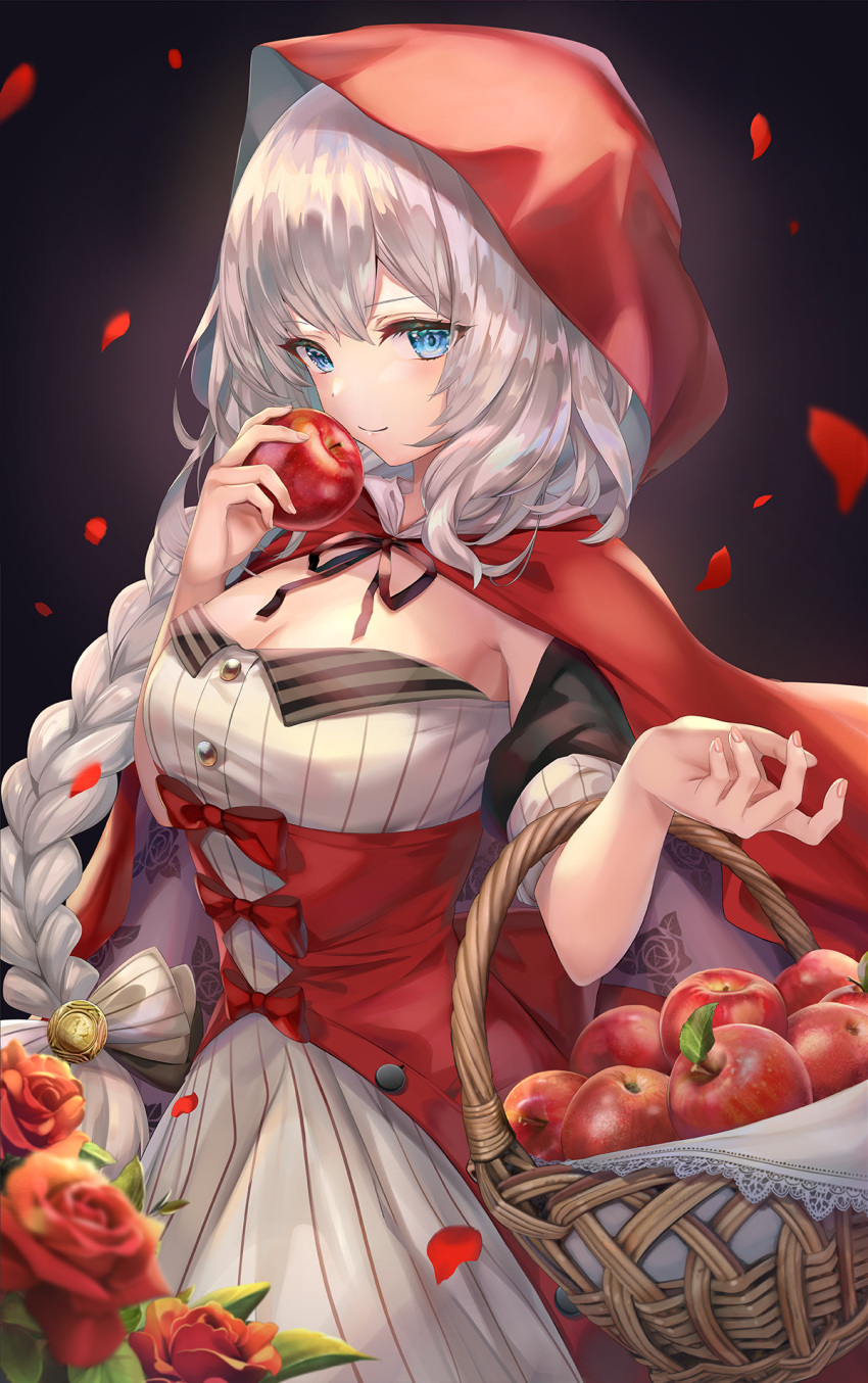 1girl apple bangs basket blue_eyes blush braid breasts buttons capelet cleavage closed_mouth dress fate/grand_order fate_(series) flower food fruit highres hood hood_up hooded_capelet long_hair looking_at_viewer marie_antoinette_(fate/grand_order) medium_breasts petals red_capelet red_skirt rose short_sleeves silver_hair single_braid skirt smile torino_akua underbust very_long_hair white_dress