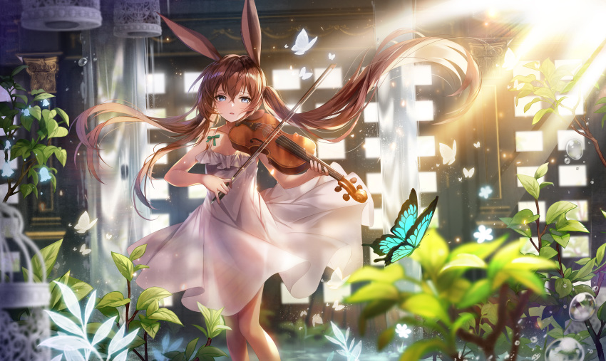1girl absurdres alternate_costume amiya_(arknights) animal_ears apple_caramel arknights bangs blue_eyes blush bug bunny_ears butterfly collarbone day dress eyebrows_visible_through_hair feet_out_of_frame glowing_flower green_ribbon highres insect instrument leaf light_rays long_hair looking_at_viewer music parted_lips plant playing_instrument ribbon see-through see-through_silhouette sidelocks sleeveless sleeveless_dress solo standing sunbeam sundress sunlight twintails very_long_hair viola_(instrument) water water_drop