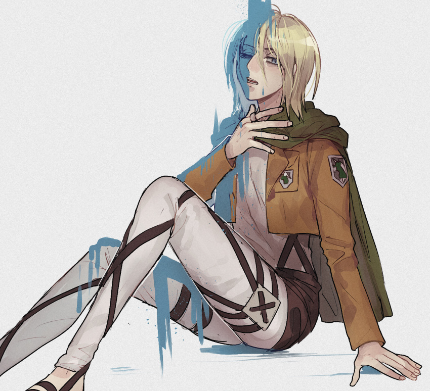 1girl annie_leonhardt barefoot belt black_belt blonde_hair blue_eyes brown_jacket brown_sash cape capelet cloak emblem full_body green_capelet green_cloak half-closed_eyes highres hood hooded_cloak hoodie jacket long_sleeves medium_hair military military_police_brigade_(emblem) military_uniform one_eye_closed open_clothes open_jacket open_mouth pants paradis_military_uniform pi0w0pi sash shingeki_no_kyojin short_hair sitting suspenders thigh_strap uniform water waterfall white_pants