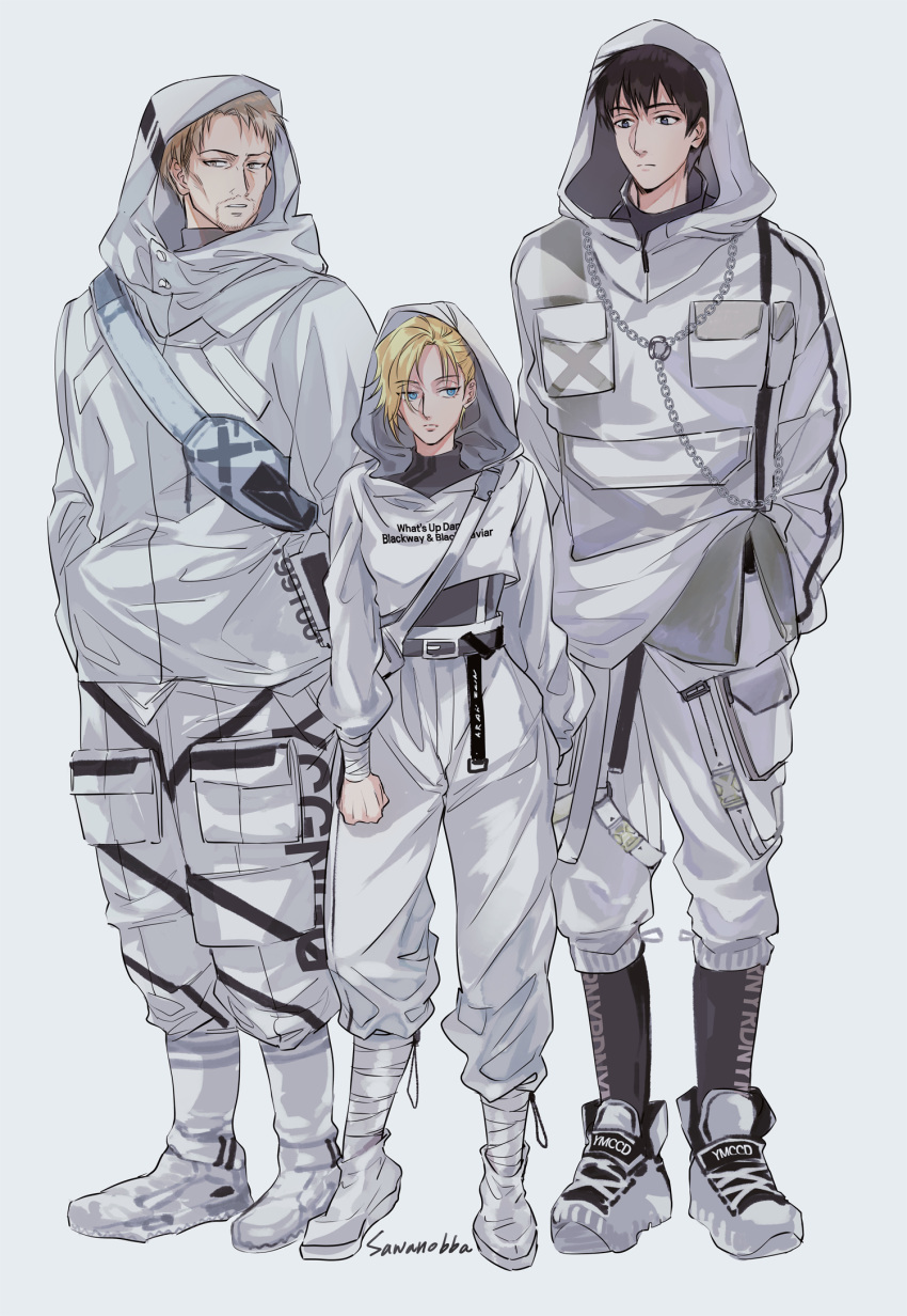 1girl 2boys alternate_costume annie_leonhardt baggy_pants belt bertolt_hoover black_eyes black_hair blonde_hair blue_eyes brown_hair contemporary facial_hair full_body grey_eyes half-closed_eyes hands_in_pockets height_difference highres hood hood_up hoodie matching_outfit multiple_boys older pants ponytail reiner_braun sawanobba shingeki_no_kyojin short_hair simple_background sweater tied_hair timeskip turtleneck turtleneck_sweater white_background yellow_eyes