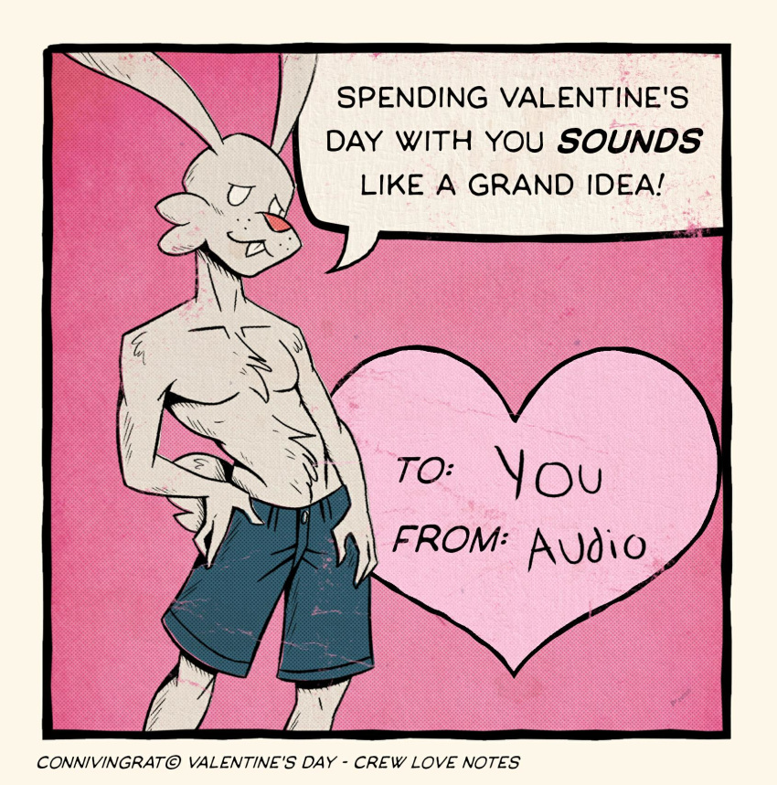 2020 anthro audio_(connivingrat) black_border border bottomwear clothed clothing connivingrat english_text front_view fur hi_res holidays lagomorph leporid male mammal pink_background rabbit shorts simple_background solo speech_bubble standing text topless valentine's_day valentines_day_card white_body white_eyes white_fur