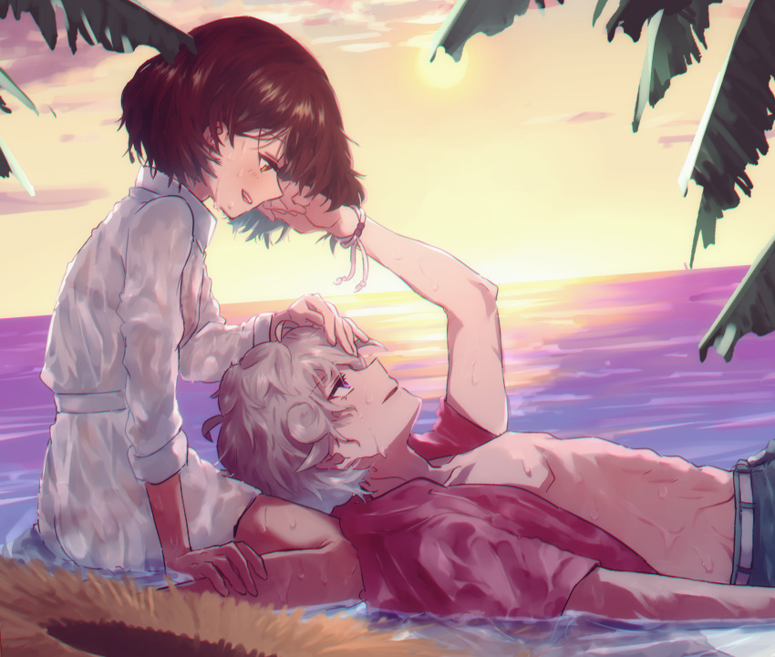 1boy 1girl bangs beet_(pokemon) brown_eyes brown_hair cloud cloudy_sky commentary curly_hair dress_shirt dutch_angle grey_hair hand_in_another's_hair hat hetero highres horizon lap_pillow long_sleeves lying miniskirt ocean on_back open_clothes open_mouth open_shirt orange_sky parted_lips pink_shirt pokemon pokemon_(game) pokemon_swsh purple_eyes senta_(ysk_0218) shirt short_hair sitting skirt sky smile straw_hat sun_hat sunset wading wariza wet wet_clothes white_shirt white_skirt yuuri_(pokemon)