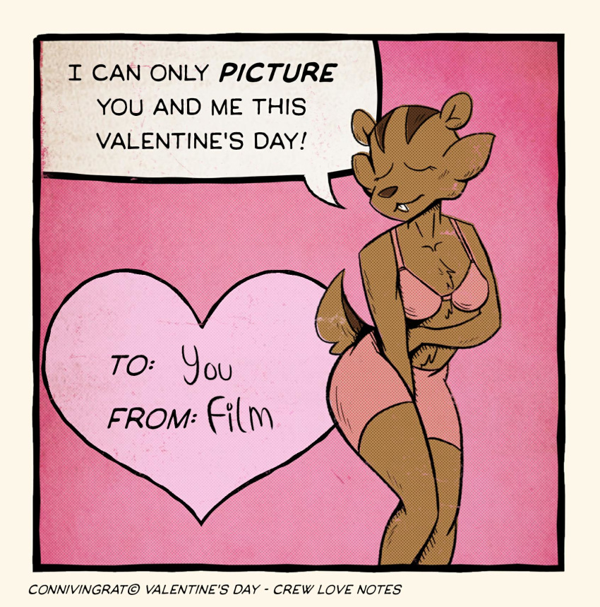 2020 anthro black_border border bra brown_body brown_fur chipmunk clothing connivingrat english_text eyes_closed female film_(connivingrat) front_view fur ground_squirrel hi_res holidays mammal pink_background rodent sciurid simple_background solo speech_bubble standing text underwear valentine's_day valentines_day_card