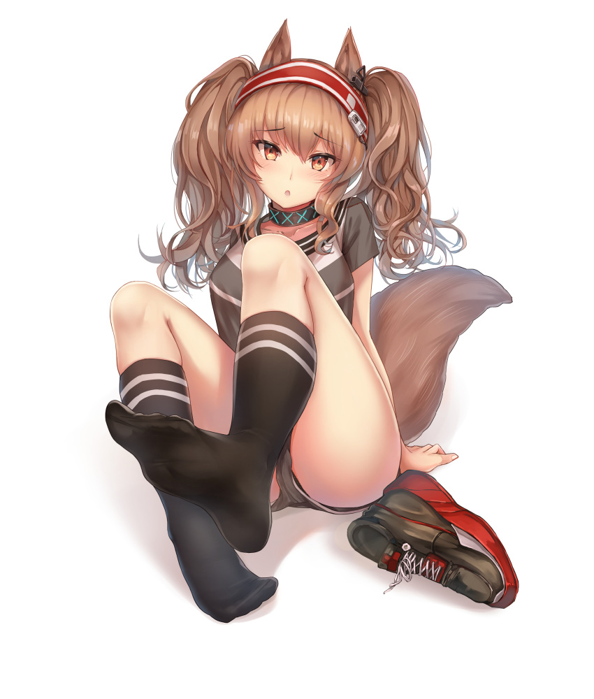 1girl absurdres angelina_(arknights) animal_ears arknights arm_support ass black_choker black_legwear black_shirt black_shorts breasts choker collarbone feet footwear_removed foreshortening fox_ears fox_girl fox_tail highres knees_up long_hair looking_at_viewer micro_shorts orange_eyes orange_hair shadow shirt shoes short_sleeves shorts simple_background sitting skindentation socks solo tail thighs twintails white_background yuemanhuaikong