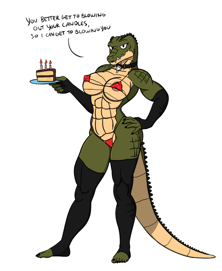 2020 5_fingers 5_toes anthro areola arm_warmers armwear bikini birthday_cake black_eyes breasts cake candle clothing collar connivingrat crocodile crocodilian crocodylid dialogue english_text female fingers food front_view green_body green_scales hand_on_hip hi_res holding_object leg_warmers legwear looking_at_viewer muscular muscular_female non-mammal_breasts reptile scales scalie simple_background solo standing swimwear text toes white_background