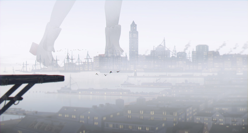 1girl bird black_legwear boston building fog giantess highres kantai_collection out_of_frame prinz_eugen_(kantai_collection) rudder_footwear scenery seo_tatsuya smoke solo town