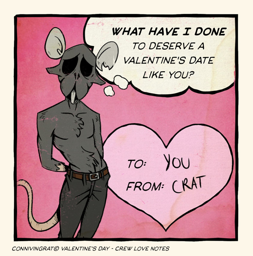 2020 anthro awkward black_border black_eyes border bottomwear clothed clothing connivingrat crat_(connivingrat) english_text front_view fur grey_body grey_fur hi_res holidays jeans male mammal murid murine pants pink_background rat rodent simple_background solo standing text thought_bubble topless valentine's_day valentines_day_card